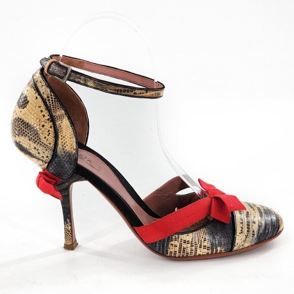 ALAIA Snake Print Leather Ankle Strap Heels With Red Bows - Picture 4 of 13